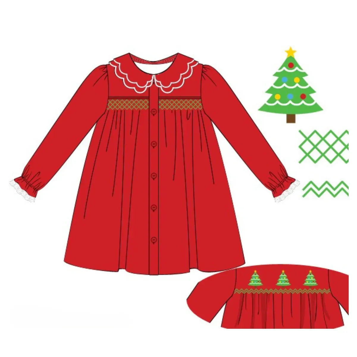 Girls Red Double Smocked Christmas Tree Dress