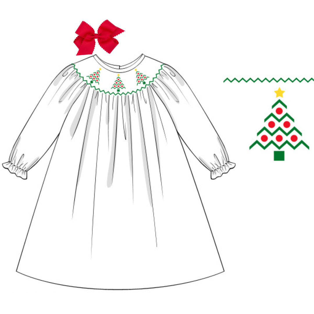 SMOCKED CHRISTMAS TREES BISHOP DRESS