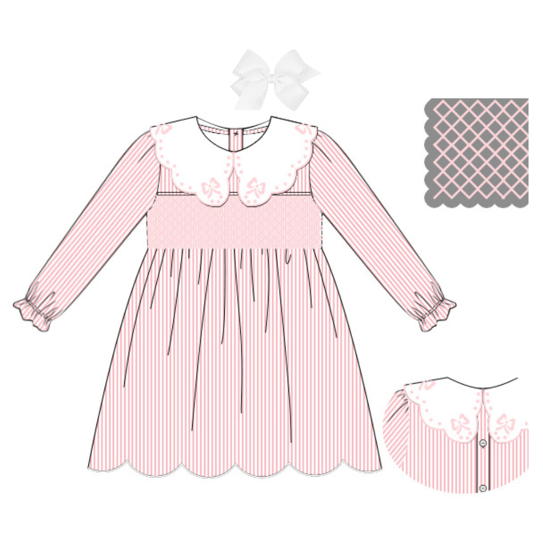 PINK PINSTRIPED BOW COLLAR SMOCKED DRESS