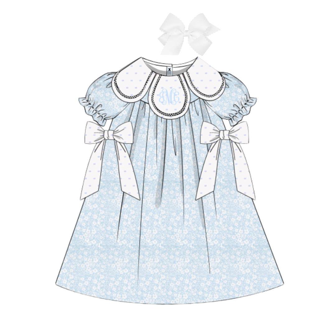 BLUE FLORAL & SWISS DOT PETAL COLLAR DRESS