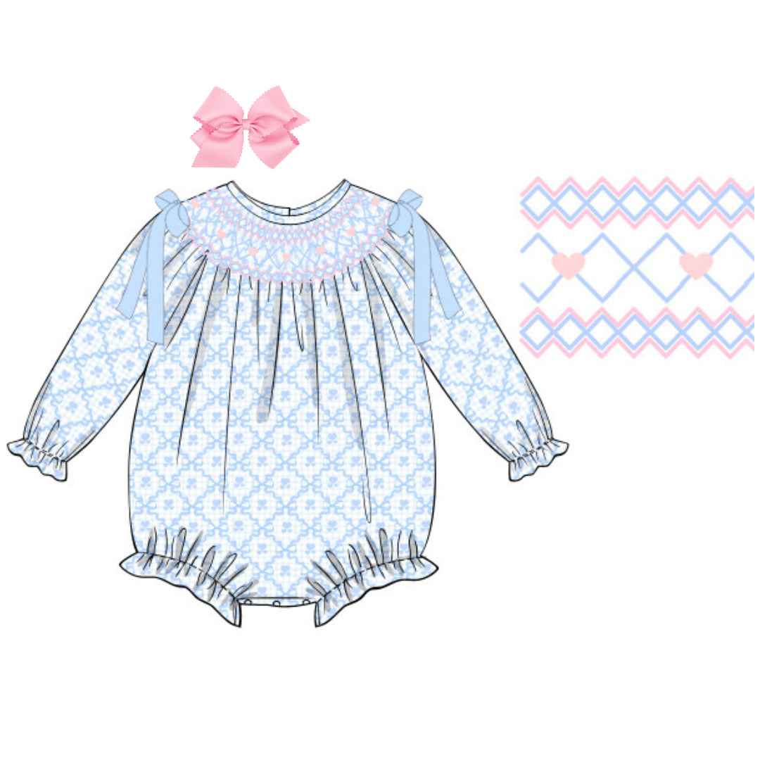 BLUE & PINK HEARTS GEOMETRIC SMOCKED BISHOP BUBBLE