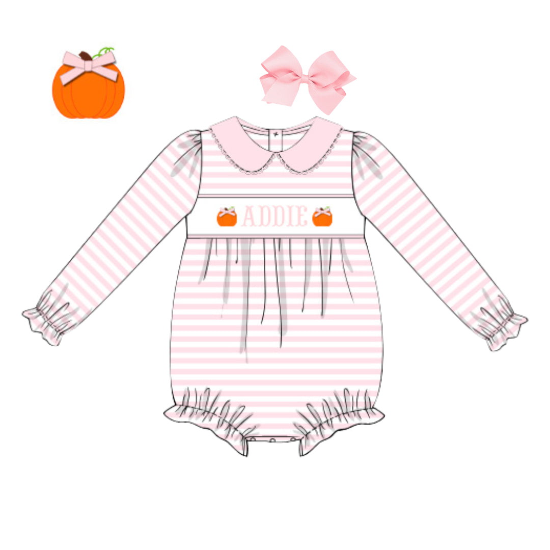 PINK STRIPED PUMPKIN NAME SMOCKED BUBBLE