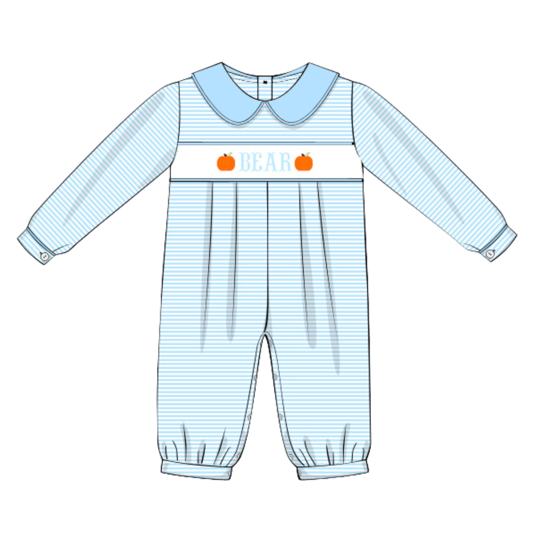 BLUE STRIPED PUMPKIN NAME SMOCKED ROMPER