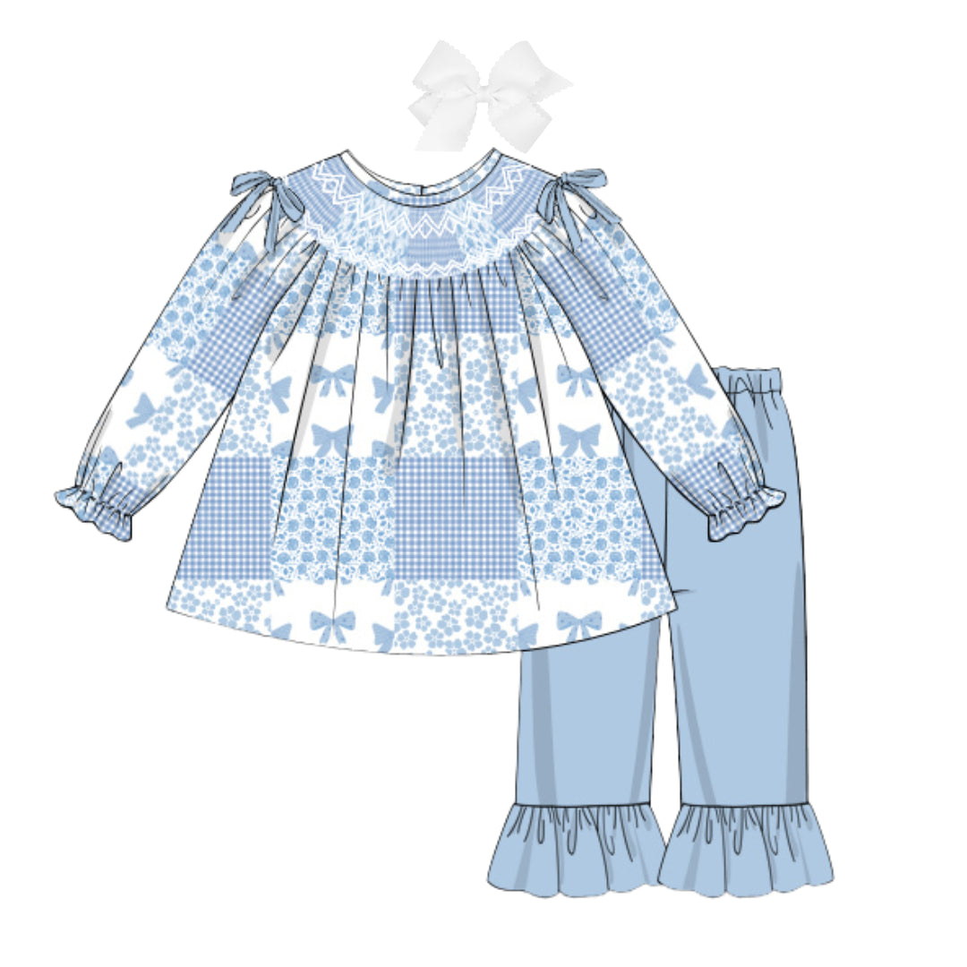 BLUE PATCHWORK GEOMETRIC SMOCKED RUFFLE PANT SET