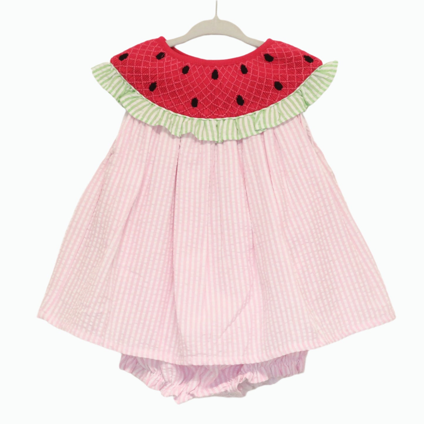 SEERSUCKER SMOCKED WATERMELON SKIRTED BUBBLE