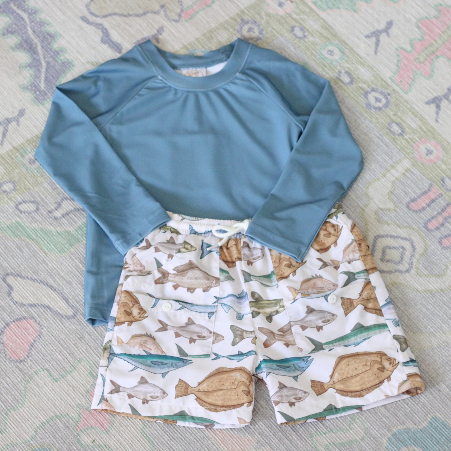 TEAL FISH RASH GUARD & TRUNKS