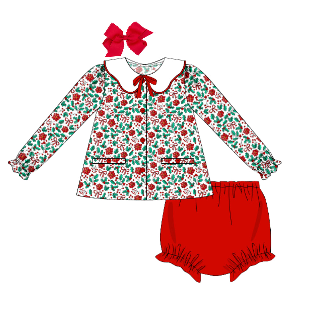CHRISTMAS FLORAL SCALLOPED COLLAR KNIT DIAPER SET
