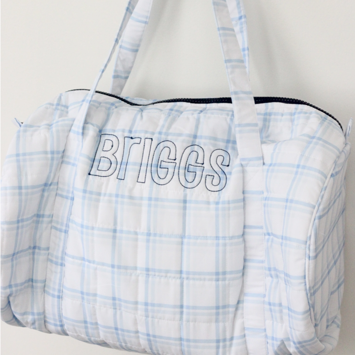 BLUE PLAID & NAVY QUILTED DUFFEL