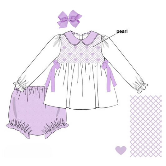 LAVENDER SMOCKED HEARTS SWISS DOT DIAPER SET