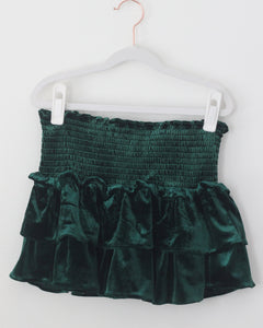 GIRLS GREEN VELVET SMOCKED RUFFLE SKIRT