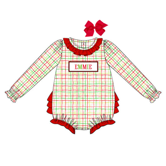GIRLS PLAID NAME SMOCKED BUBBLE