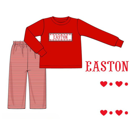 BOYS RED STRIPED HEARTS NAME SMOCKED PANT SET