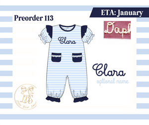 PO113 GIRLS BLUE STRIPES & NAVY ROMPER