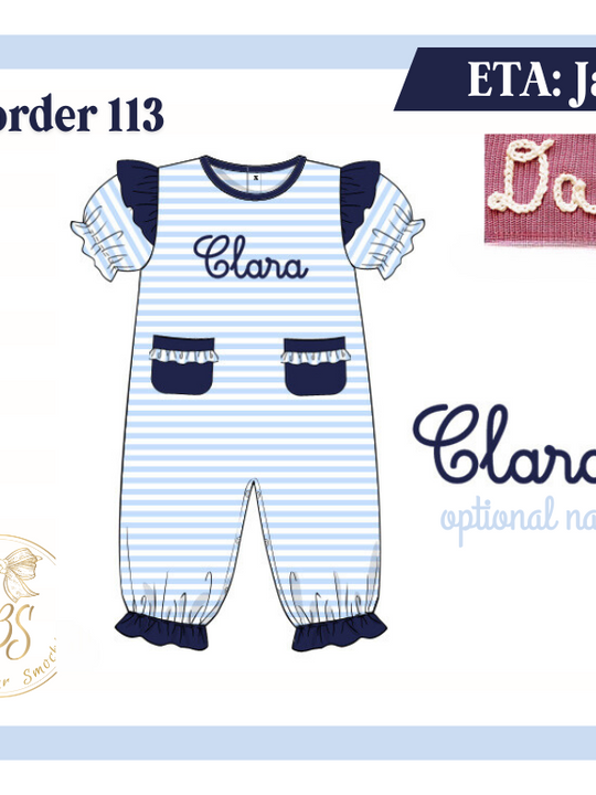 PO113 GIRLS BLUE STRIPES & NAVY ROMPER