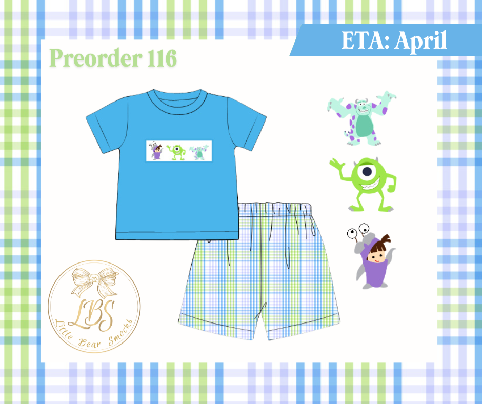 PO116 BOYS SMOCKED MONSTER SHORT SET