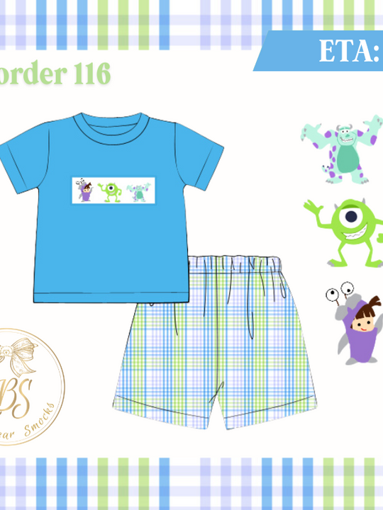 PO116 BOYS SMOCKED MONSTER SHORT SET