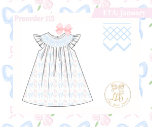 PO113 PINK & BLUE BOW FLORAL GEOMETRIC SMOCKED DRESS