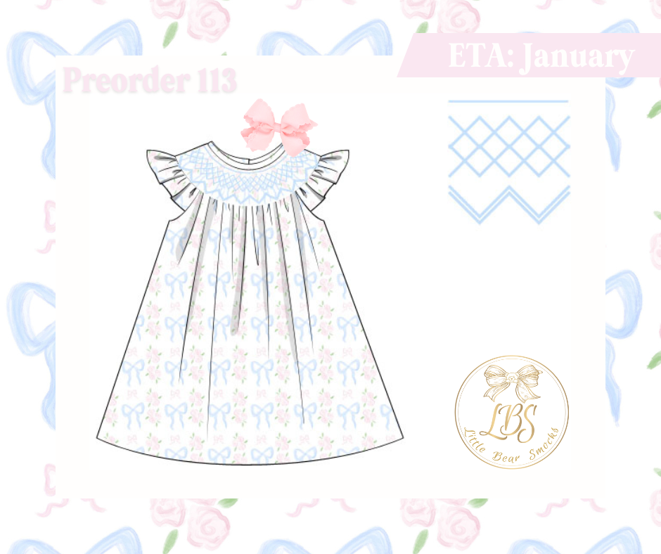 PO113 PINK & BLUE BOW FLORAL GEOMETRIC SMOCKED DRESS