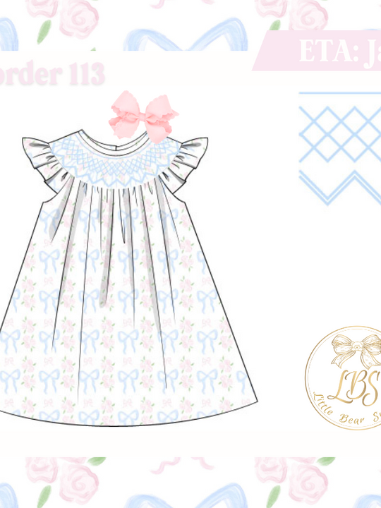 PO113 PINK & BLUE BOW FLORAL GEOMETRIC SMOCKED DRESS