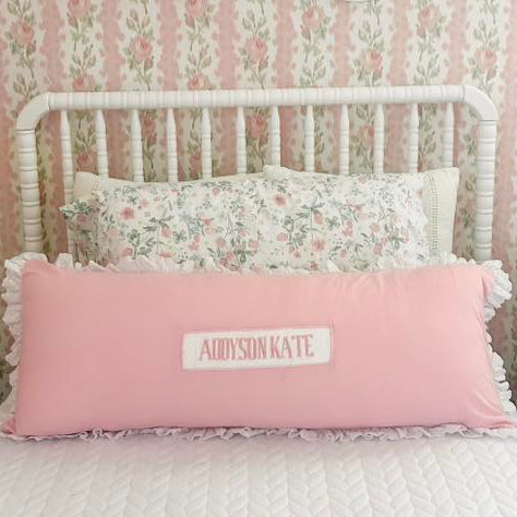 Pink with Lace Ruffle Name Smocked Lumbar Pillow Case