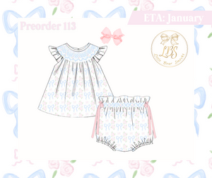 PO113 PINK & BLUE BOW FLORAL GEOMETRIC SMOCKED DIAPER SET