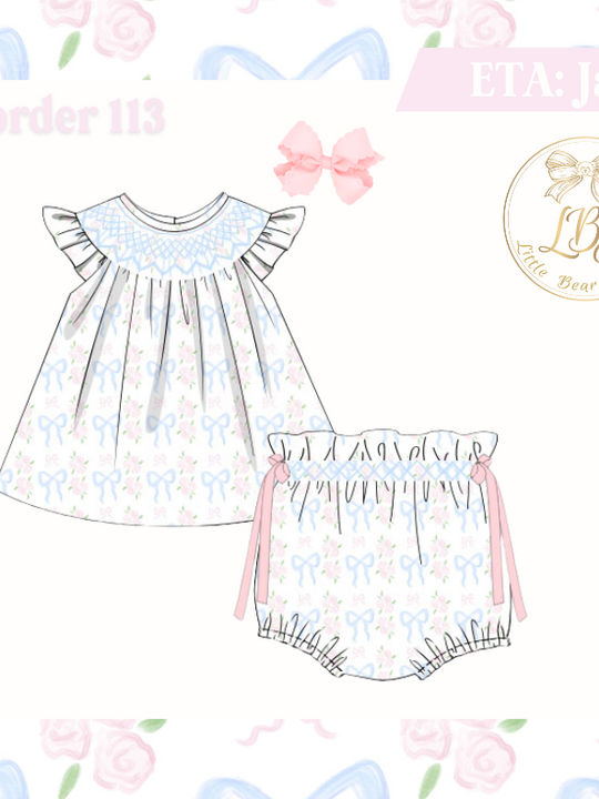 PO113 PINK & BLUE BOW FLORAL GEOMETRIC SMOCKED DIAPER SET