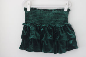 GIRLS GREEN VELVET SMOCKED RUFFLE SKIRT