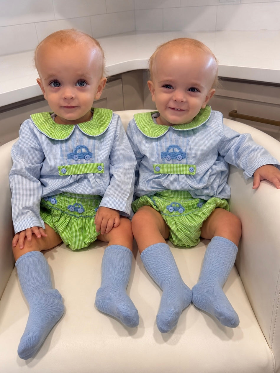 Blue & Green Smocked Cars Long Sleeve Diaper Set