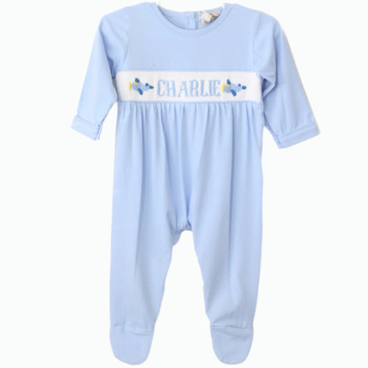 BOYS KNIT BLUE AIRPLANES NAME SMOCK FOOTIE