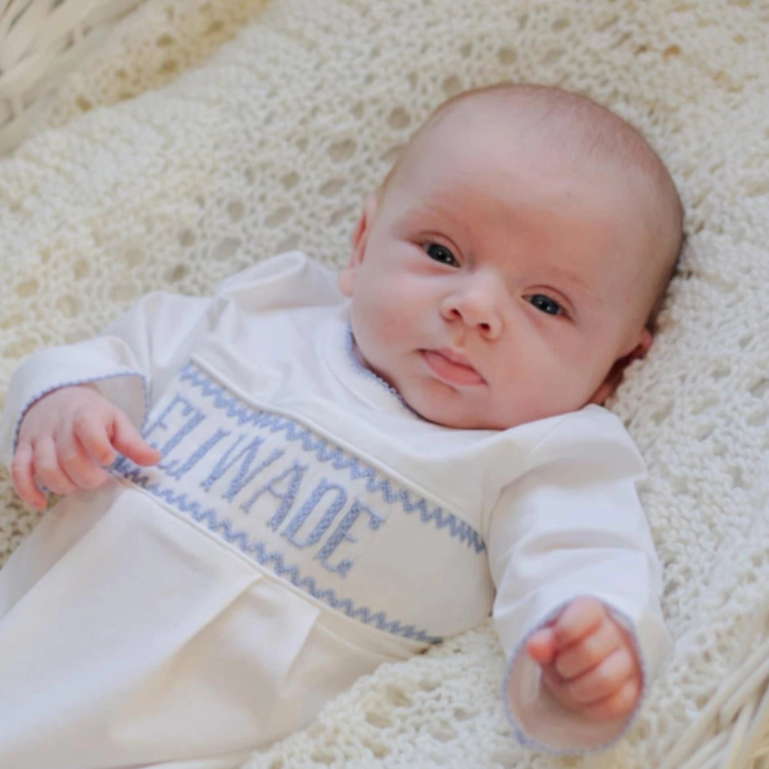 Boys Blue & White Name Smocked Infant Knit Gown NB Boys Blue & White Name Smocked Infant Knit Gown NB