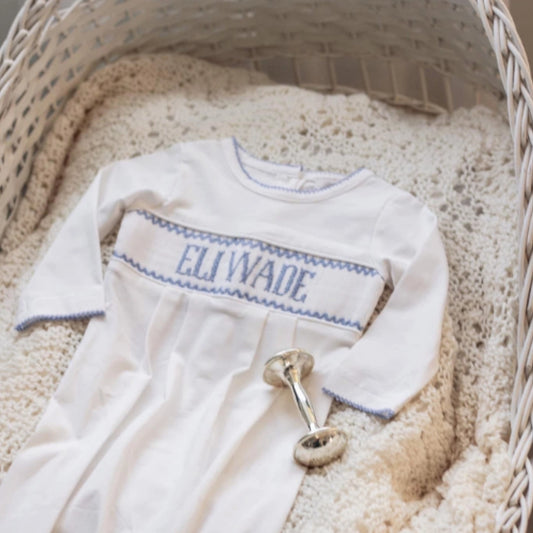 BOYS BLUE & WHITE KNIT NAME SMOCKED INFANT GOWN