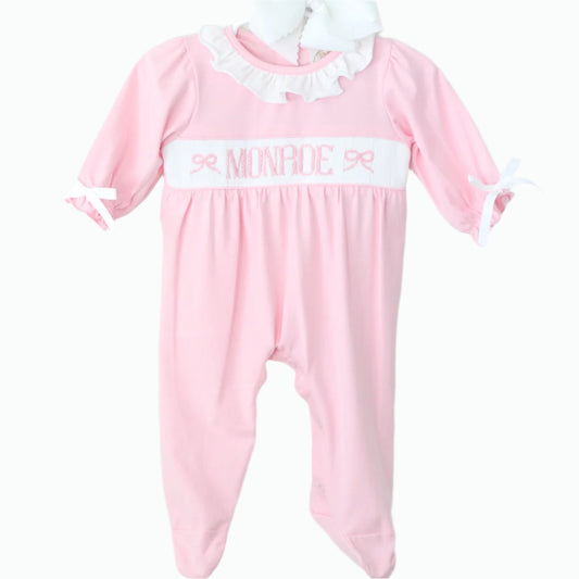 PINK KNIT BOW NAME SMOCK FOOTIE