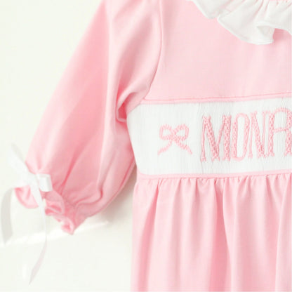 PINK KNIT BOW NAME SMOCK FOOTIE