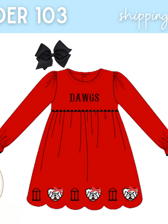 PO103 GIRLS RED ARCHES & DAWGS DRESS