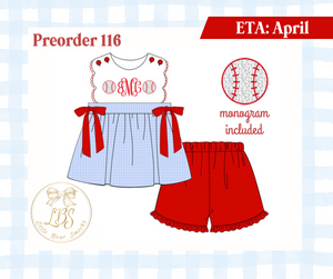 PO116 GIRLS FRENCH KNOT BASEBALLS SHORT SET