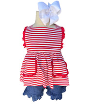 Load image into Gallery viewer, GIRLS RED STRIPES &amp; NAVY SHORT SET