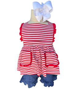 GIRLS RED STRIPES & NAVY SHORT SET