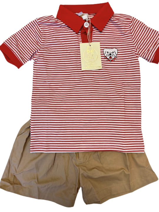 RED STRIPED DAWG POLO SET WITH KHAKI SHORTS