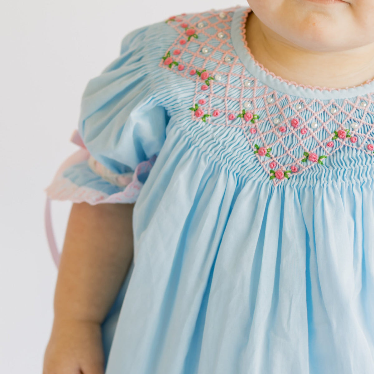 Blue Smocked Rosettes & Pearls  Bubble