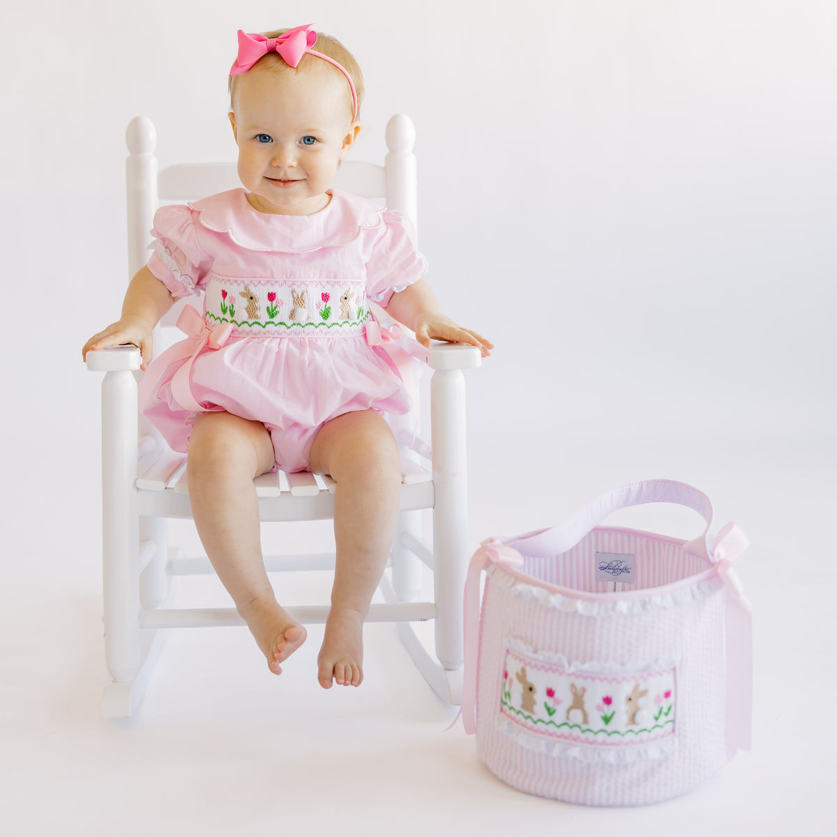 Pink Seersucker Smocked Bunnies & Tulips Basket
