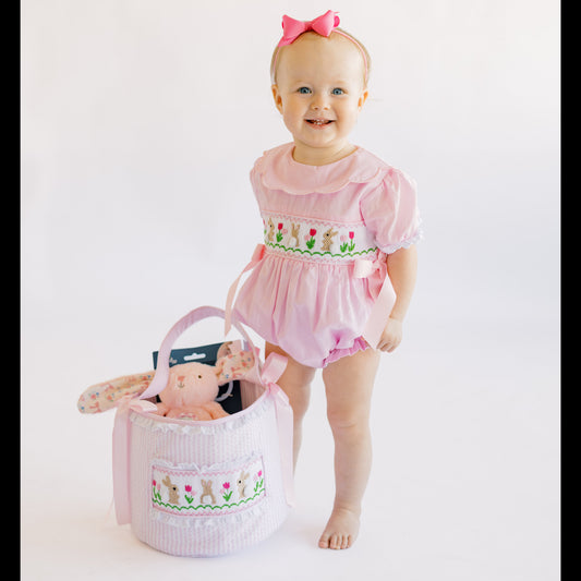 Pink Seersucker Smocked Bunnies & Tulips Basket