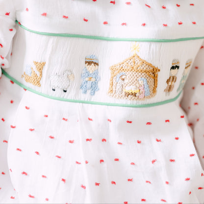 Girls Swiss Dot Smocked Nativity Bubble