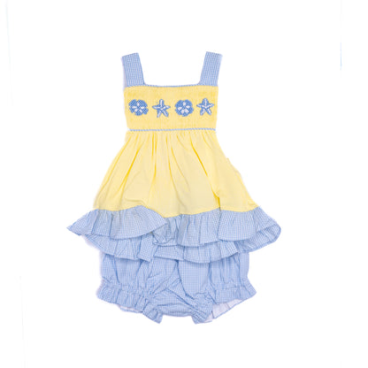 Girls Yellow & Blue Seashells Smocked Diaper Set