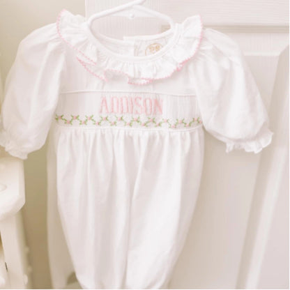 Girls Pink & White Name Smocked Infant Knit Gown NB Girls Pink & White Name Smocked Infant Knit Gown NB