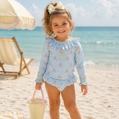 Girls Beach Teddy Bears Smocked 2PC Rash Guard