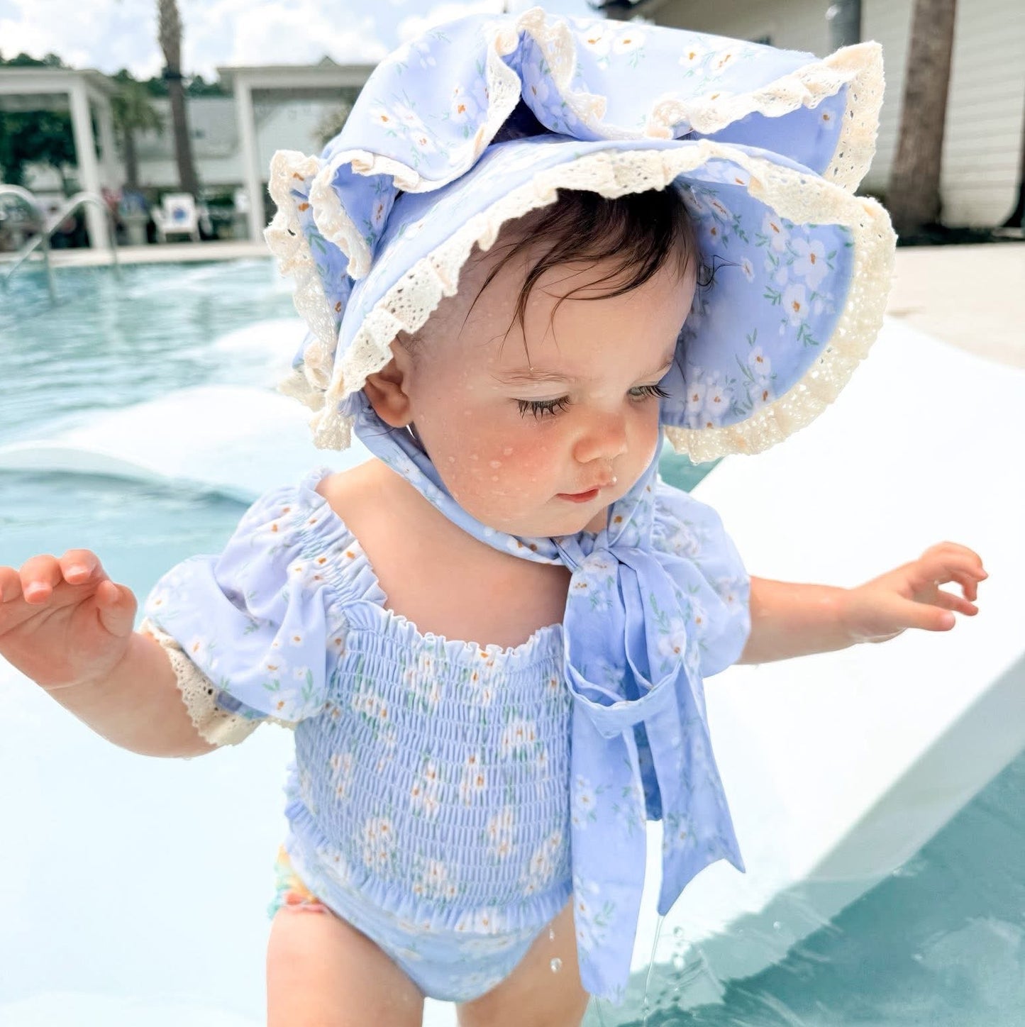 Girls Powder Blue Petals 1PC Swim