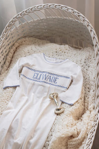 PREORDER- BOYS BLUE & WHITE NAME SMOCKED INFANT GOWN