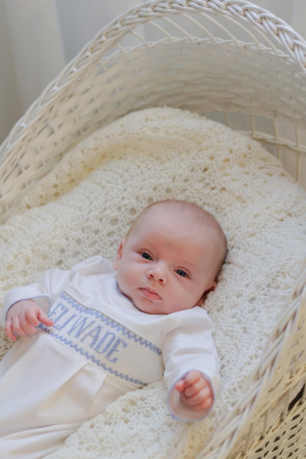 PREORDER- BOYS BLUE & WHITE NAME SMOCKED INFANT GOWN