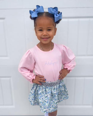 PINK & BLUE FLORAL SMOCKED SKIRT SET