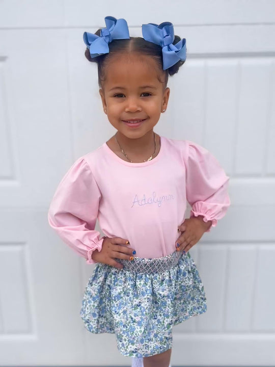 PINK & BLUE FLORAL SMOCKED SKIRT SET